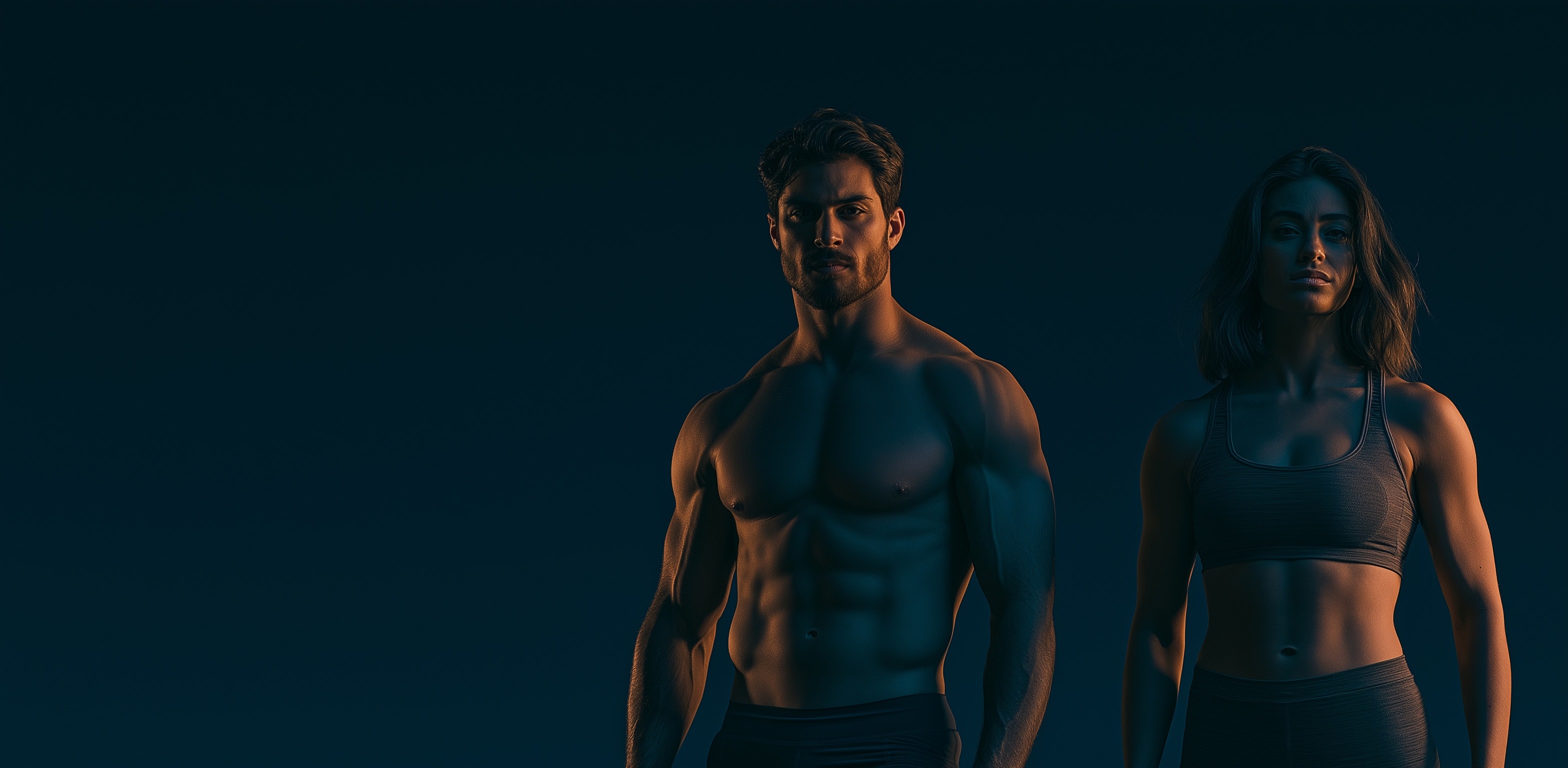 Two athletic adults standing against a dark navy background with open space for Strong Standard messaging.